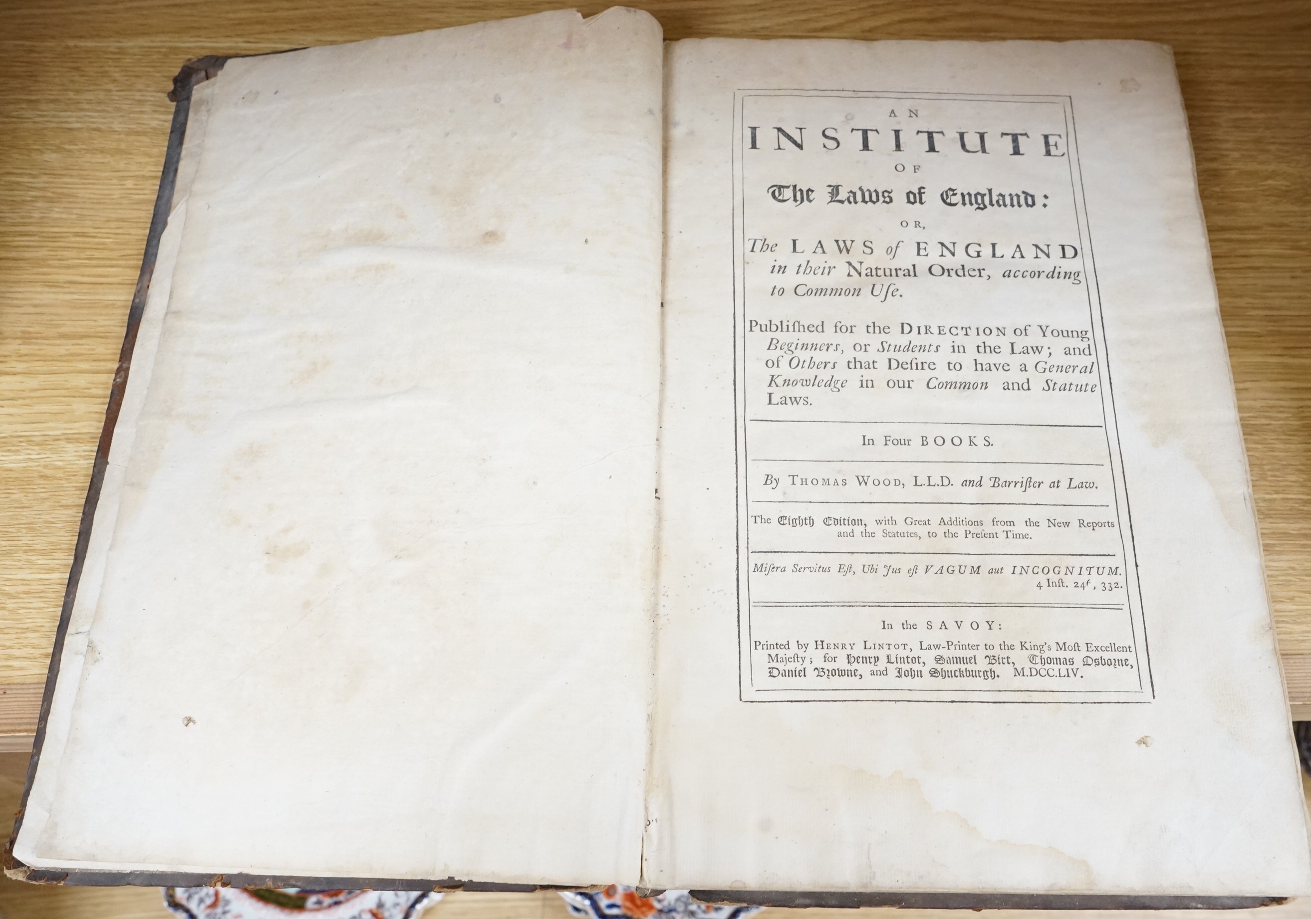 Wood, Thomas - An Institute of the Laws of England ... 8th edition, with great additions ... contemp. calf, folio. 1754